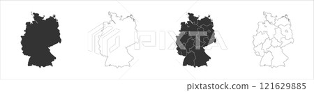 Germany set of three maps - solid map, outline map and map highlighting administrative divisions. Three distinct maps illustrate various representations of a geographical area. Germany set of three maps - solid map, outline map and map highlighting administrative divisions. Three distinct maps illustrate various representations of a geographical area. 121629885
