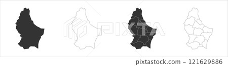 Luxembourg set of three maps - solid map, outline map and map highlighting administrative divisions. Three distinct maps illustrate various representations of a geographical area. Luxembourg set of three maps - solid map, outline map and map highlighting administrative divisions. Three distinct maps illustrate various representations of a geographical area. 121629886