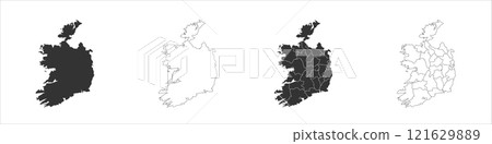 Ireland set of three maps - solid map, outline map and map highlighting administrative divisions. Three distinct maps illustrate various representations of a geographical area. Ireland set of three maps - solid map, outline map and map highlighting administrative divisions. Three distinct maps illustrate various representations of a geographical area. 121629889