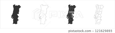 Portugal set of three maps - solid map, outline map and map highlighting administrative divisions. Three distinct maps illustrate various representations of a geographical area. Portugal set of three maps - solid map, outline map and map highlighting administrative divisions. Three distinct maps illustrate various representations of a geographical area. 121629893