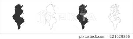 Tunisia set of three maps - solid map, outline map and map highlighting administrative divisions. Three distinct maps illustrate various representations of a geographical area. 121629896