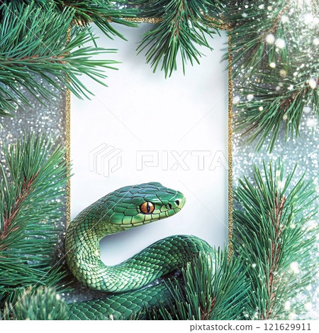Green snake against the background of a snow-covered fir tree, on white background, empty white frame for text, copy space. Symbol of 2025 year of the Snake, picture for postcard and poster calendar 121629911