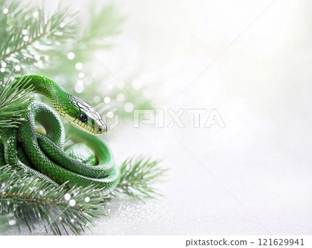Green snake against the background of a snow-covered fir tree, on white background, empty white frame for text, copy space. Symbol of 2025 year of the Snake, picture for postcard and poster calendar 121629941
