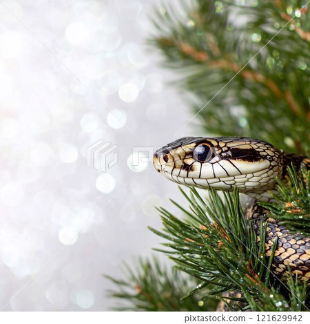 Green snake against the background of a snow-covered fir tree, on white background, empty white frame for text, copy space. Symbol of 2025 year of the Snake, picture for postcard and poster calendar 121629942