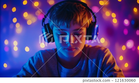 Young boy listening to music with colorful headphones and led lights. 121630060