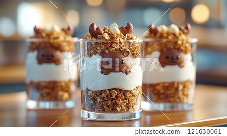 Granola parfaits with yogurt and nuts in glass cups and Cute chocolate groundhog. Happy Groundhog Day 121630061