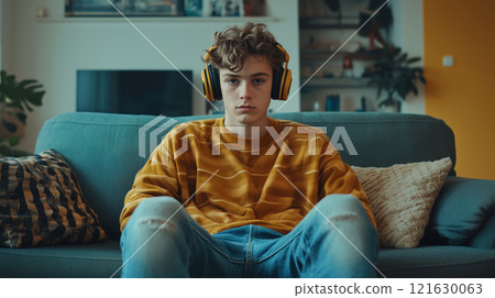 Teenage caucasian male listening to music with headphones on couch in modern living room 121630063