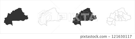 Burkina Faso set of three maps - solid map, outline map and map highlighting administrative divisions. Three distinct maps illustrate various representations of a geographical area. Burkina Faso set of three maps - solid map, outline map and map highlighting administrative divisions. Three distinct maps illustrate various representations of a geographical area. 121630117