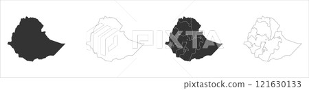 Ethiopia set of three maps - solid map, outline map and map highlighting administrative divisions. Three distinct maps illustrate various representations of a geographical area. 121630133