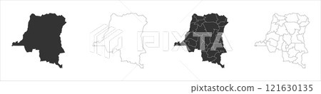 Democratic Republic of the Congo set of three maps - solid map, outline map and map highlighting administrative divisions. Three distinct maps illustrate various representations of a geographical area 121630135