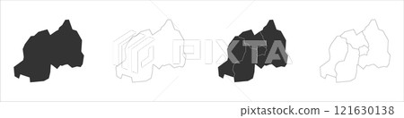 Rwanda set of three maps - solid map, outline map and map highlighting administrative divisions. Three distinct maps illustrate various representations of a geographical area. Rwanda set of three maps - solid map, outline map and map highlighting administrative divisions. Three distinct maps illustrate various representations of a geographical area. 121630138
