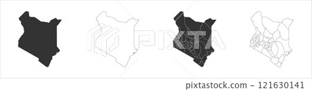 Kenya set of three maps - solid map, outline map and map highlighting administrative divisions. Three distinct maps illustrate various representations of a geographical area. Kenya set of three maps - solid map, outline map and map highlighting administrative divisions. Three distinct maps illustrate various representations of a geographical area. 121630141