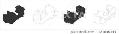 Zambia set of three maps - solid map, outline map and map highlighting administrative divisions. Three distinct maps illustrate various representations of a geographical area. Zambia set of three maps - solid map, outline map and map highlighting administrative divisions. Three distinct maps illustrate various representations of a geographical area. 121630144