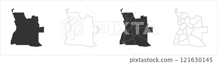 Angola set of three maps - solid map, outline map and map highlighting administrative divisions. Three distinct maps illustrate various representations of a geographical area. Angola set of three maps - solid map, outline map and map highlighting administrative divisions. Three distinct maps illustrate various representations of a geographical area. 121630145