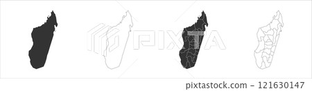 Madagascar set of three maps - solid map, outline map and map highlighting administrative divisions. Three distinct maps illustrate various representations of a geographical area. Madagascar set of three maps - solid map, outline map and map highlighting administrative divisions. Three distinct maps illustrate various representations of a geographical area. 121630147