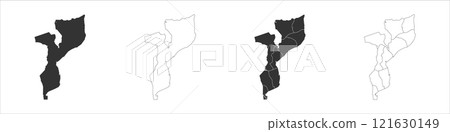 Mozambique set of three maps - solid map, outline map and map highlighting administrative divisions. Three distinct maps illustrate various representations of a geographical area. Mozambique set of three maps - solid map, outline map and map highlighting administrative divisions. Three distinct maps illustrate various representations of a geographical area. 121630149