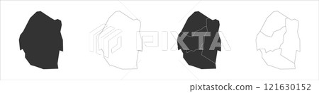 Eswatini set of three maps - solid map, outline map and map highlighting administrative divisions. Three distinct maps illustrate various representations of a geographical area. 121630152