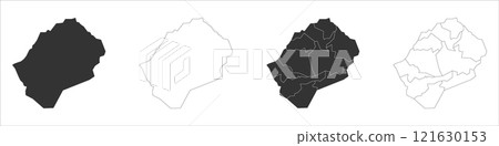 Lesotho set of three maps - solid map, outline map and map highlighting administrative divisions. Three distinct maps illustrate various representations of a geographical area. Lesotho set of three maps - solid map, outline map and map highlighting administrative divisions. Three distinct maps illustrate various representations of a geographical area. 121630153