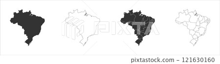 Brazil set of three maps - solid map, outline map and map highlighting administrative divisions. Three distinct maps illustrate various representations of a geographical area. 121630160