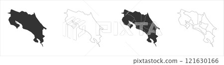 Costa Rica set of three maps - solid map, outline map and map highlighting administrative divisions. Three distinct maps illustrate various representations of a geographical area. Costa Rica set of three maps - solid map, outline map and map highlighting administrative divisions. Three distinct maps illustrate various representations of a geographical area. 121630166