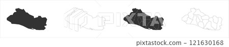 El Salvador set of three maps - solid map, outline map and map highlighting administrative divisions. Three distinct maps illustrate various representations of a geographical area. El Salvador set of three maps - solid map, outline map and map highlighting administrative divisions. Three distinct maps illustrate various representations of a geographical area. 121630168