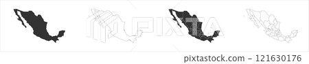 Mexico set of three maps - solid map, outline map and map highlighting administrative divisions. Three distinct maps illustrate various representations of a geographical area. 121630176