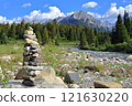 Spring stream, Rocky Mountains and cairns 121630220