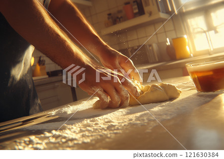 Chef kneads dough in a well-lit kitchen during the morning hours 121630384
