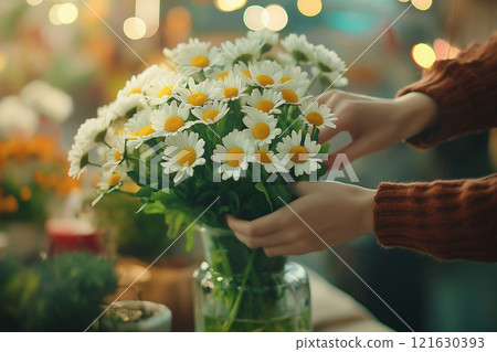 Florist arranging a bouquet of daisies in a flower shop during the afternoon 121630393