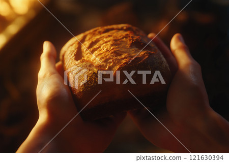 Hands holding a freshly baked loaf of bread in warm, glowing light 121630394