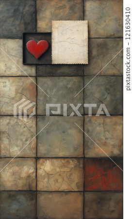 Creative flat lay of textured tiles with a heart and blank space for notes 121630410