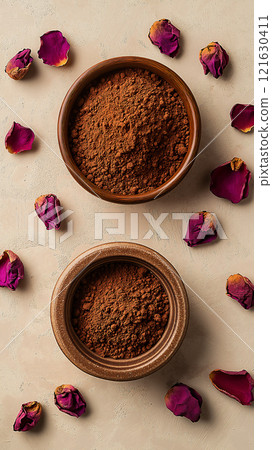 Photorealistic flat lay of rich brown spices surrounded by dried rose petals on a textured surface 121630411