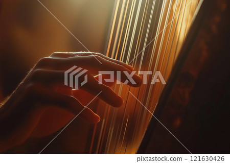 Hands of a musician skillfully playing strings in a warm, intimate setting 121630426