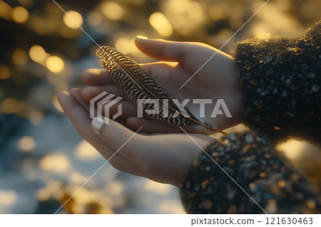 Gentle hands cradling a delicate feather in a serene outdoor setting during golden hour 121630463