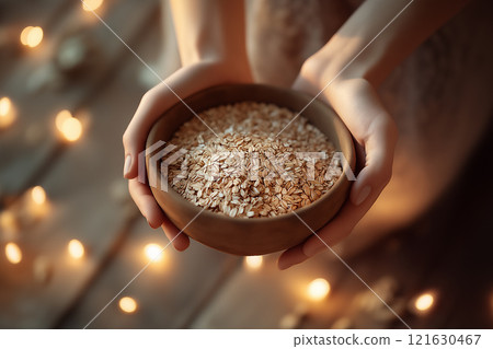 Hands holding a bowl of smooth oats surrounded by soft candlelight ambiance 121630467