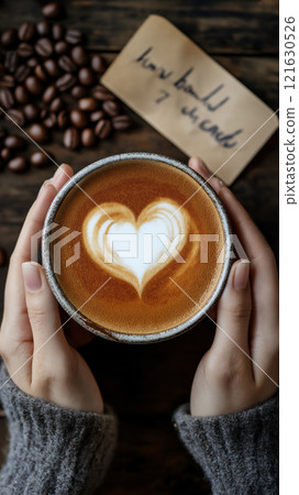 Hands holding a cup of coffee with heart-shaped latte art on a wooden table 121630526