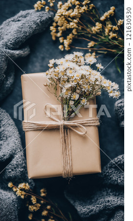 Beautifully wrapped gift adorned with flowers and arranged on a textured surface Beautifully wrapped gift adorned with flowers and arranged on a textured surface 121630530