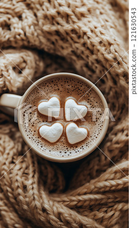 Cozy coffee moment with heart-shaped marshmallows on a knitted blanket 121630543