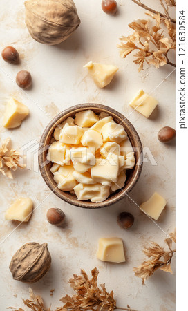 Photorealistic flat lay of shea butter with surrounding natural elements 121630584