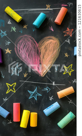 Colorful heart and stars drawn with chalk on a blackboard surrounded by chalk pieces 121630615