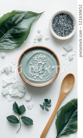 Relaxing spa flat lay featuring calming green clay mask and natural elements 121630652