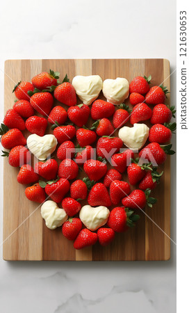 Heart-shaped arrangement of fresh strawberries and whipped cream on a wooden board 121630653