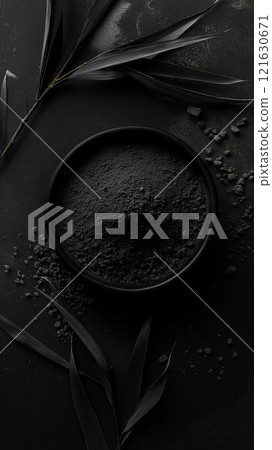 Photorealistic flat lay of black powder in a bowl surrounded by leaves on a dark surface 121630671