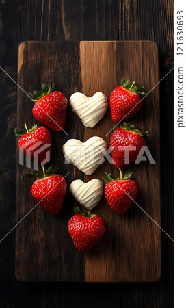 Fresh strawberries and heart-shaped treats arranged on a wooden board for a romantic dessert setting 121630693