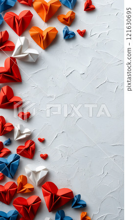 Colorful origami hearts arranged on a textured surface for a cheerful celebration 121630695