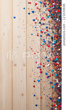 Colorful heart-shaped confetti scattered on wooden background for festive celebrations 121630696