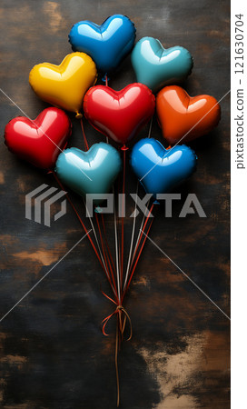 Colorful heart-shaped balloons arranged in a cheerful flat lay for a celebration 121630704