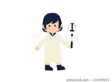 Flat illustration of a woman holding a selfie stick (vector character material, deformed, simple) 121630931