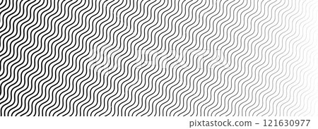 Black curve texture gradient. Wave line pattern wallpaper. Fading wavy linear halftone gradation. Thin to thick zigzag stripe background for overlay, print, cover, graphic design. Vector 121630977