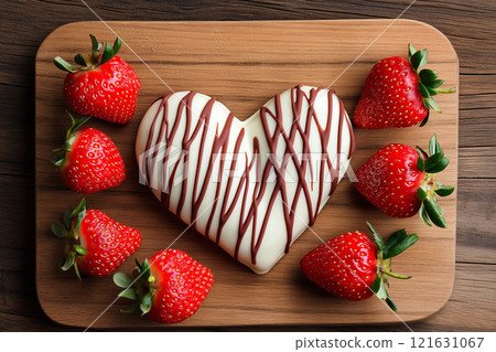 Delicious flat lay of a heart-shaped dessert surrounded by fresh strawberries 121631067